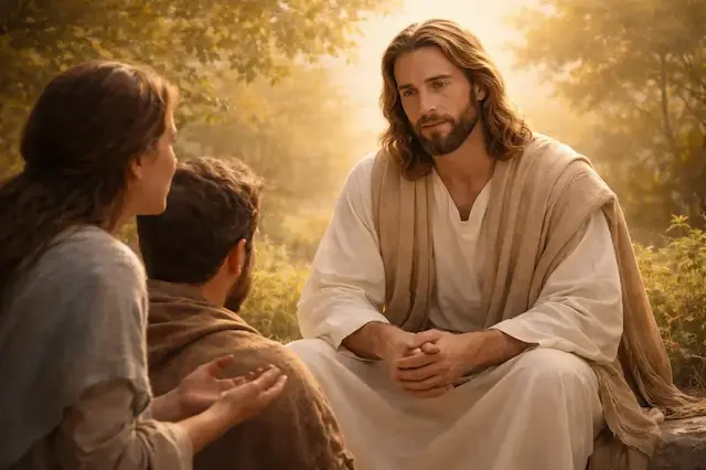 Jesus listening with compassion to those who come to Him in prayer